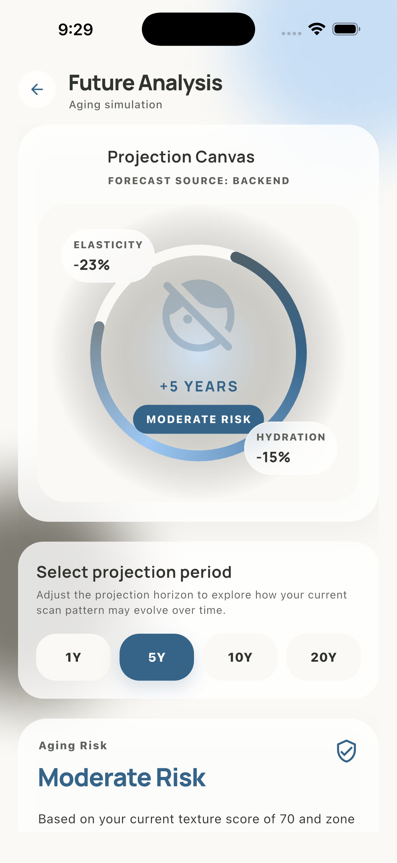 WrinklAI future analysis screen showing projection controls