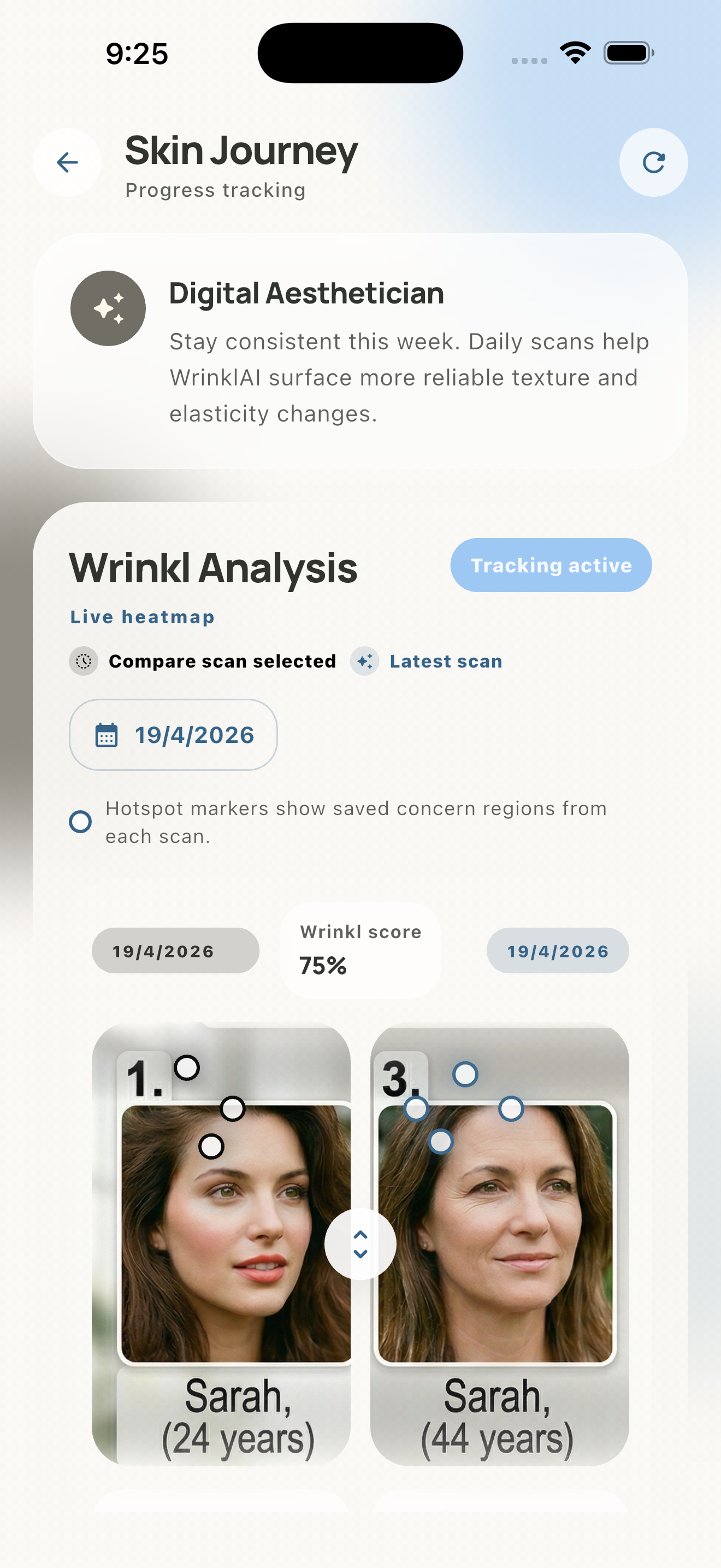 WrinklAI skin journey screen showing scan comparison and progress tracking